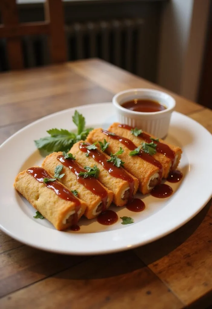 Close-up of crispy oven-fried feta cheese rolls drizzled with chili honey, served on a white plate in a cozy home dining setting, garnished with herbs and accompanied by a small bowl of chili honey.