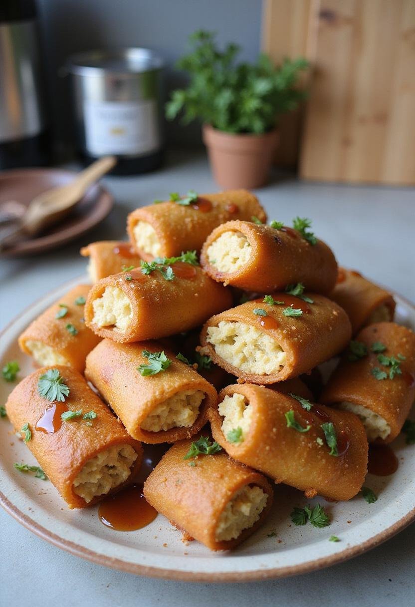 Oven Fried Feta Rolls with chili honey on a ceramic plate in a home kitchen setting, with crispy texture, garnished with herbs, and styled on a wooden countertop with kitchen tools in the background.