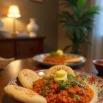 A realistic image of Mumbai-style Pav Bhaji served on a plate in a cozy home dining area, showcasing the spicy mashed vegetable mixture with buttered bread rolls, arranged invitingly on a wooden table with home-style decor.