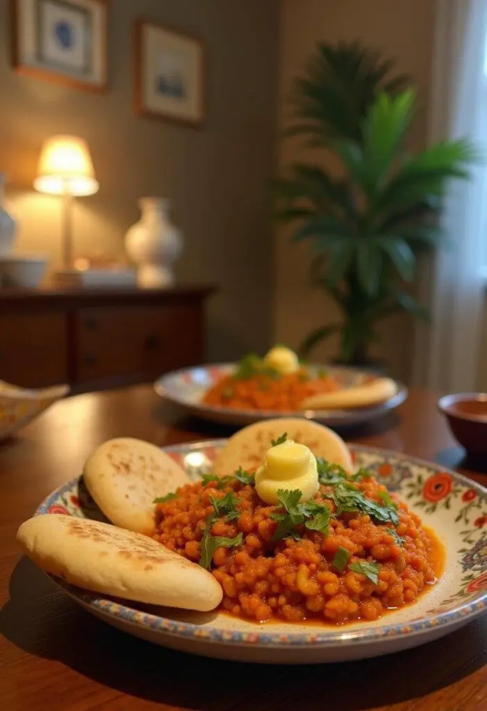 A realistic image of Mumbai-style Pav Bhaji served on a plate in a cozy home dining area, showcasing the spicy mashed vegetable mixture with buttered bread rolls, arranged invitingly on a wooden table with home-style decor.