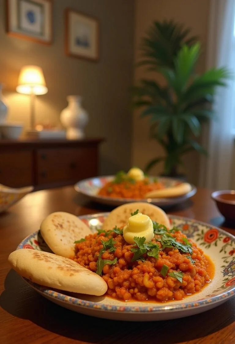 A realistic image of Mumbai-style Pav Bhaji served on a plate in a cozy home dining area, showcasing the spicy mashed vegetable mixture with buttered bread rolls, arranged invitingly on a wooden table with home-style decor.