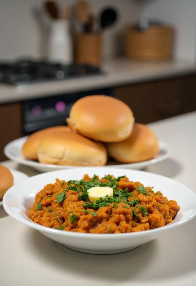 A realistic image of Pav Bhaji in a kitchen setting showing the dish on a white plate, garnished with cilantro, with buttered pav buns beside it on a kitchen counter featuring utensils and appliances.