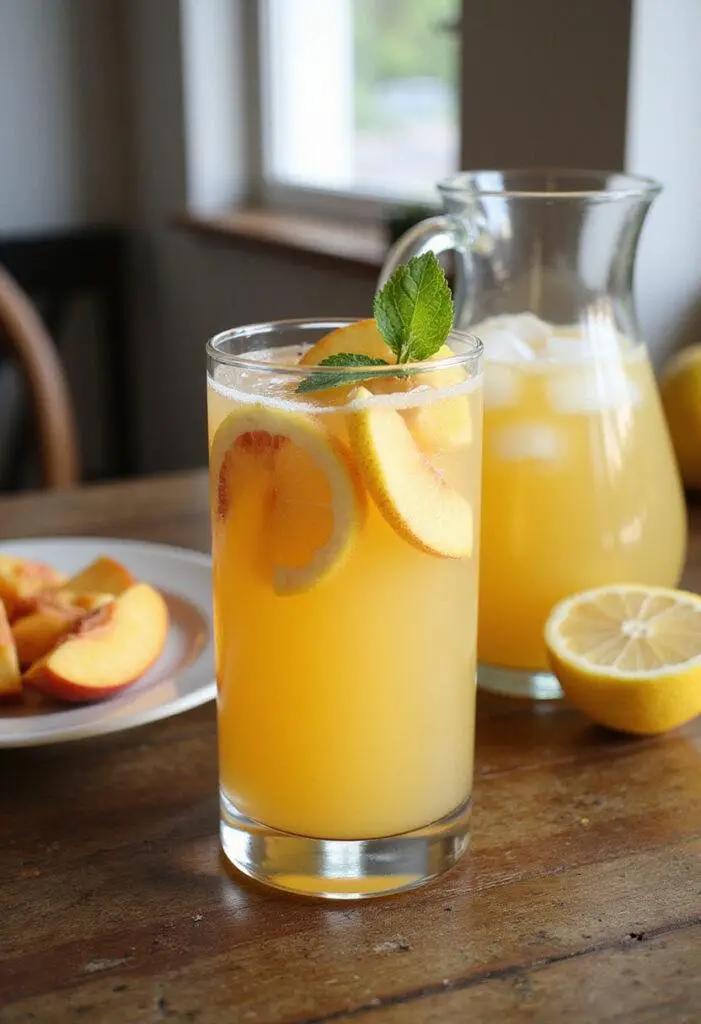 A realistic image of peach lemonade served in a tall glass, garnished with peach slices and lemon wedges, presented on a cozy home kitchen table with a pitcher and fresh fruit nearby.