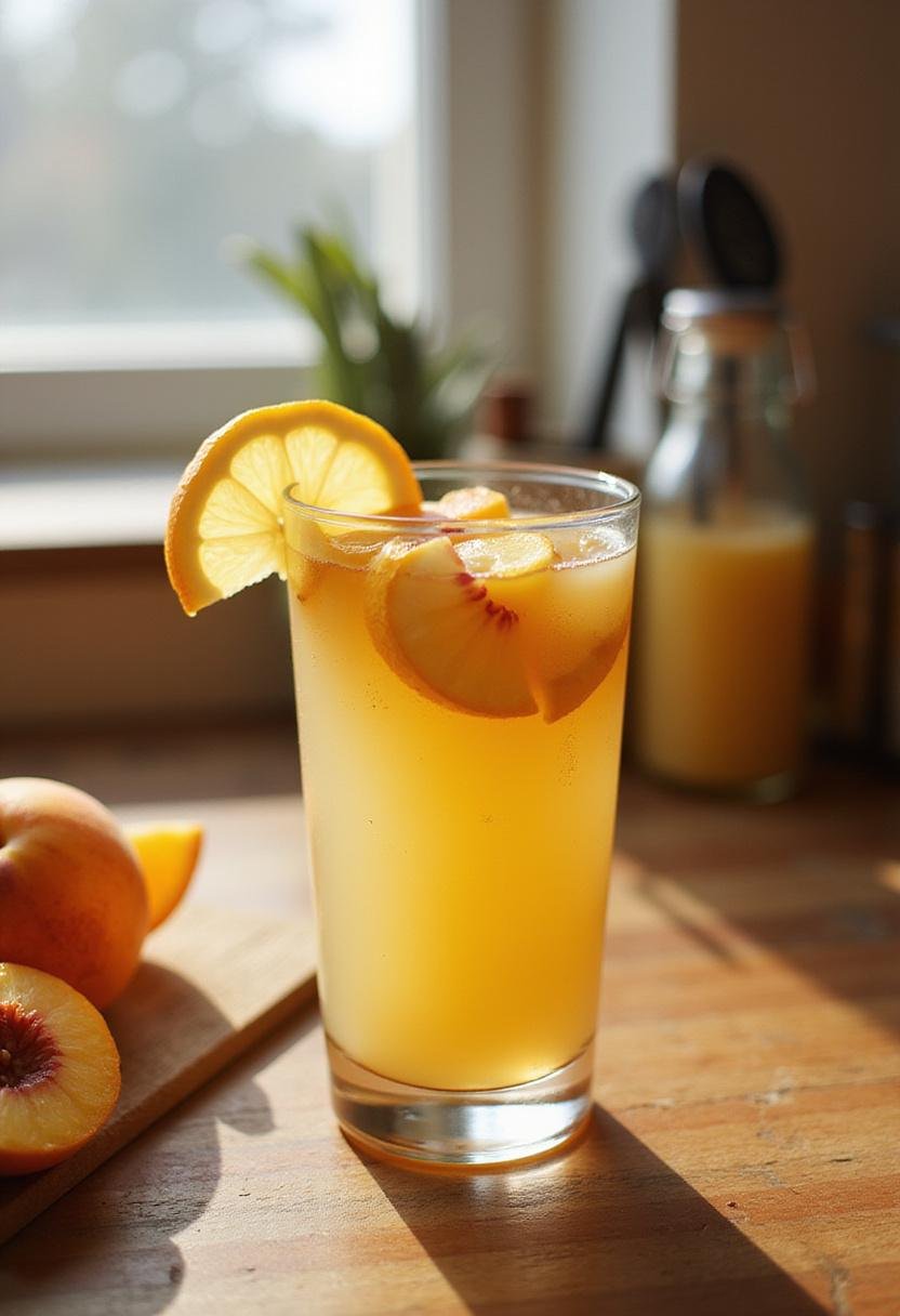 A realistic scene of peach lemonade in a glass with fruit garnishes on a cozy home kitchen countertop, featuring warm lighting and a blurred background that suggests a comfortable home setting.