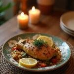 Freshly cooked Persian Chicken served on a decorative plate, featuring golden-brown chicken garnished with herbs and lemon slices, presented in a cozy home dining setting with warm lighting and decorative elements.
