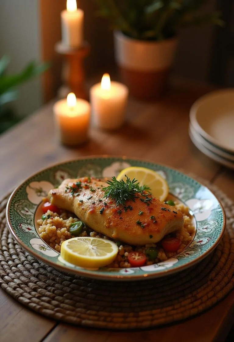 Freshly cooked Persian Chicken served on a decorative plate, featuring golden-brown chicken garnished with herbs and lemon slices, presented in a cozy home dining setting with warm lighting and decorative elements.