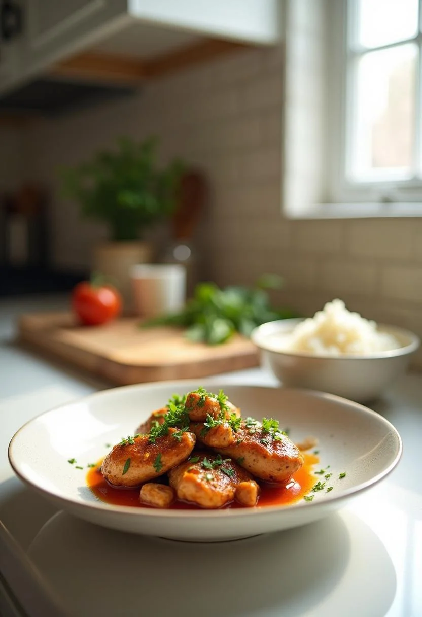 Persian Chicken served in a beautiful ceramic dish in a bright kitchen setting, with rice and herbs nearby, illustrating an inviting and clean kitchen environment for a delicious homemade meal.