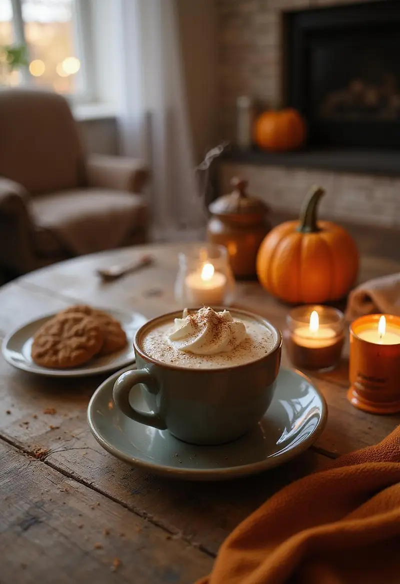 A cozy indoor scene with a warm cup of pumpkin spice hot chocolate topped with whipped cream and cinnamon, placed on a wooden table with pumpkin cookies and candles nearby, conveying a comfortable and inviting home environment.