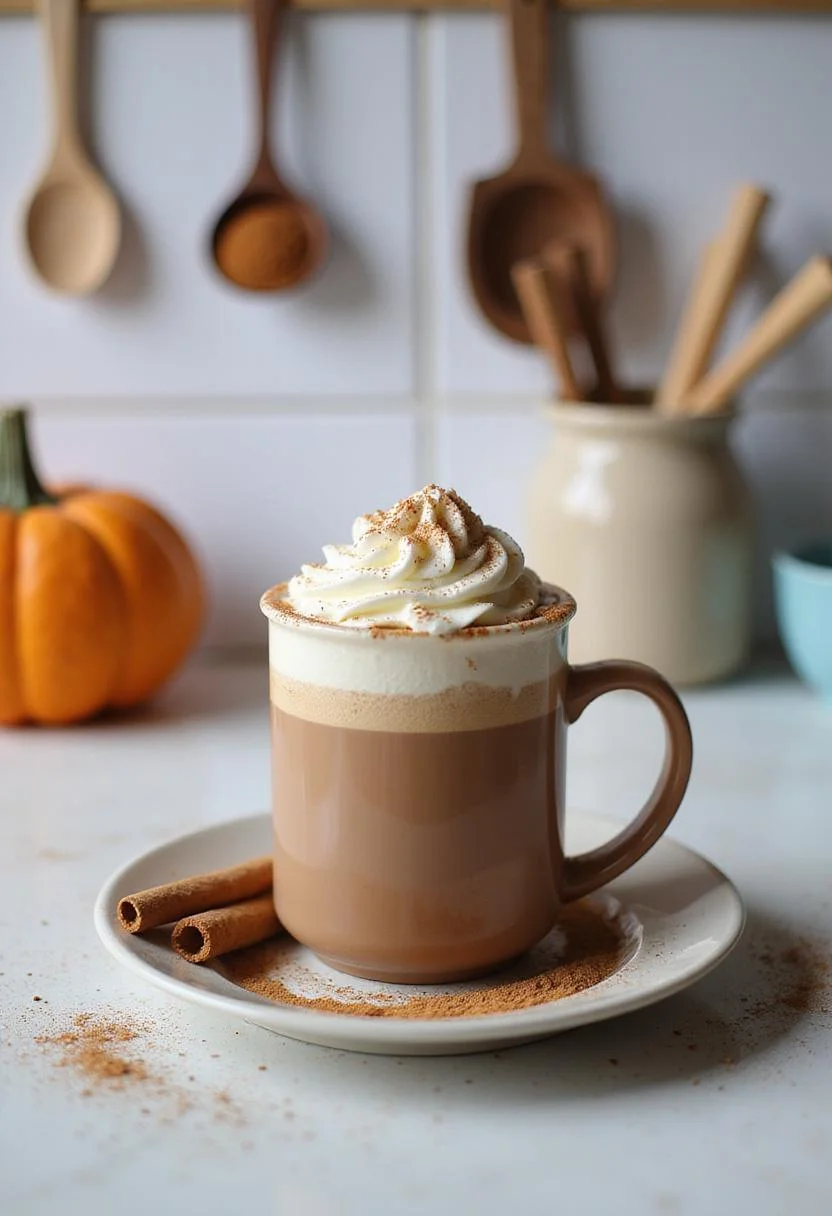A warm cup of pumpkin spice hot chocolate topped with whipped cream and cinnamon, set on a cozy kitchen countertop.