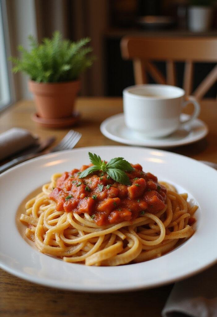 A plated Rotel Pasta Fiesta on a cozy wooden table with herbs garnish, set in a warm kitchen environment, emphasizing the vibrant colors of the pasta and tomato sauce.