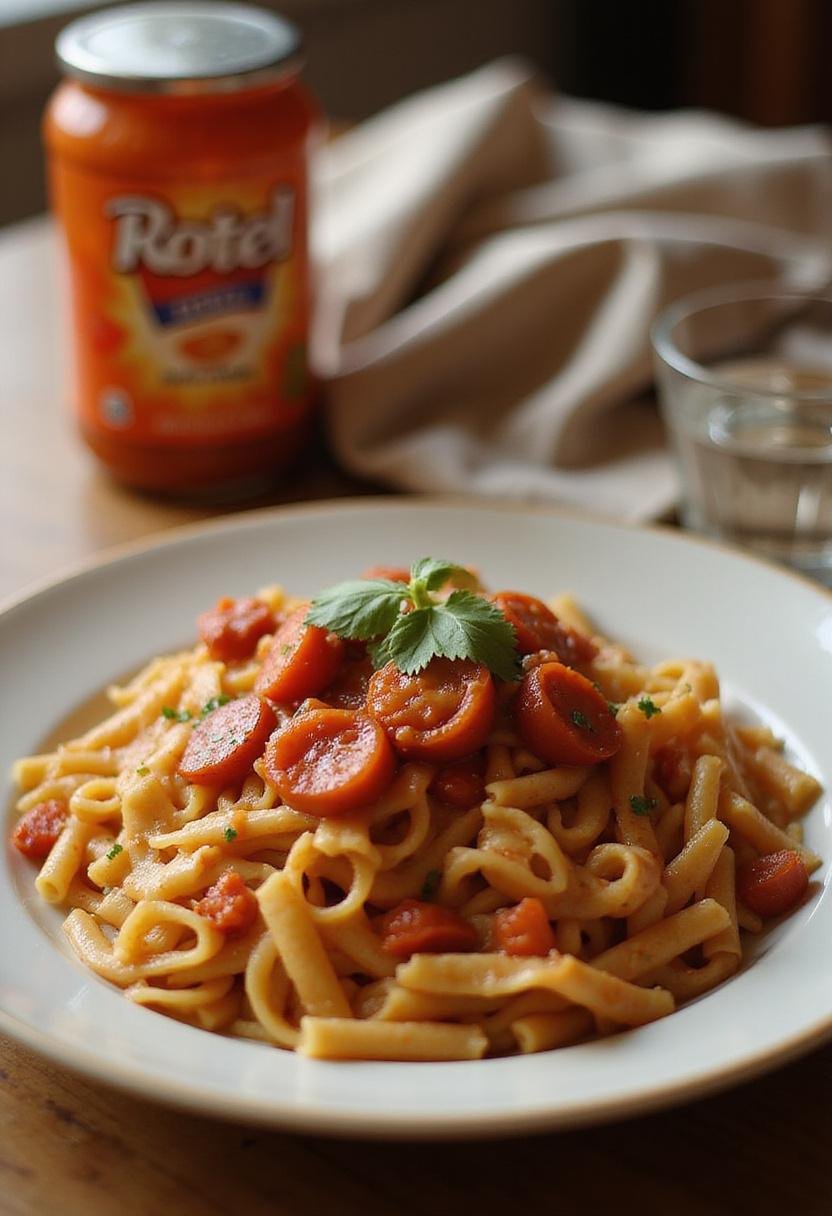 A home-style presentation of Rotel Pasta Fiesta on a plate, placed on a warm wooden table with cozy kitchen details and natural lighting to emphasize the dish's vibrant look.