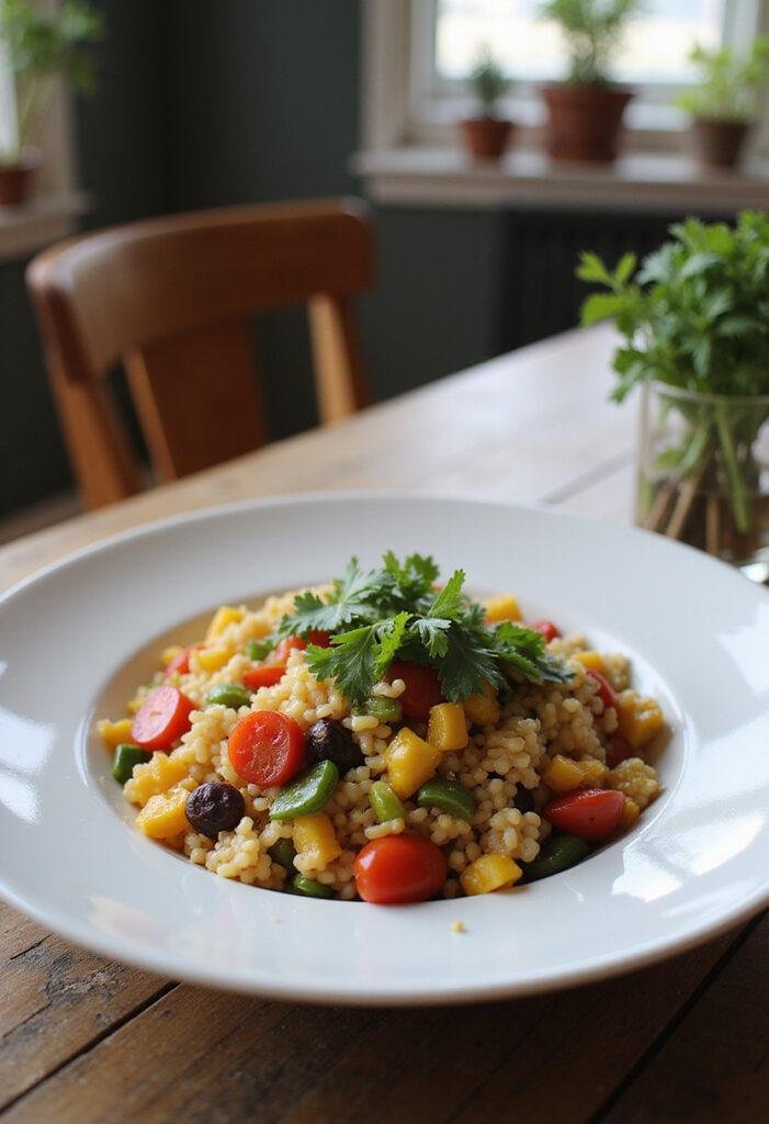 A vibrant Rainbow Orzo Salad on a white plate, presented in a cozy home kitchen setting with wooden surfaces and natural sunlight, highlighting the colorful vegetables and fresh herbs.