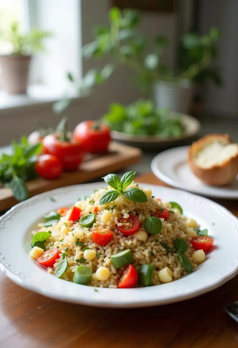 Colorful Rainbow Orzo Salad on a white plate, styled on a wooden kitchen table with bright natural light, showcasing fresh vegetables and herbs in a cozy home kitchen environment.