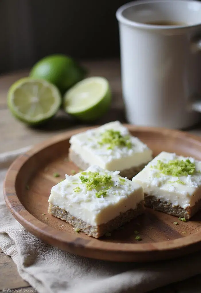 A realistic photo of chia pudding bars with coconut and lime flavor, presented on a rustic plate in a cozy kitchen setting, decorated with lime zest and shredded coconut for a refreshing look.