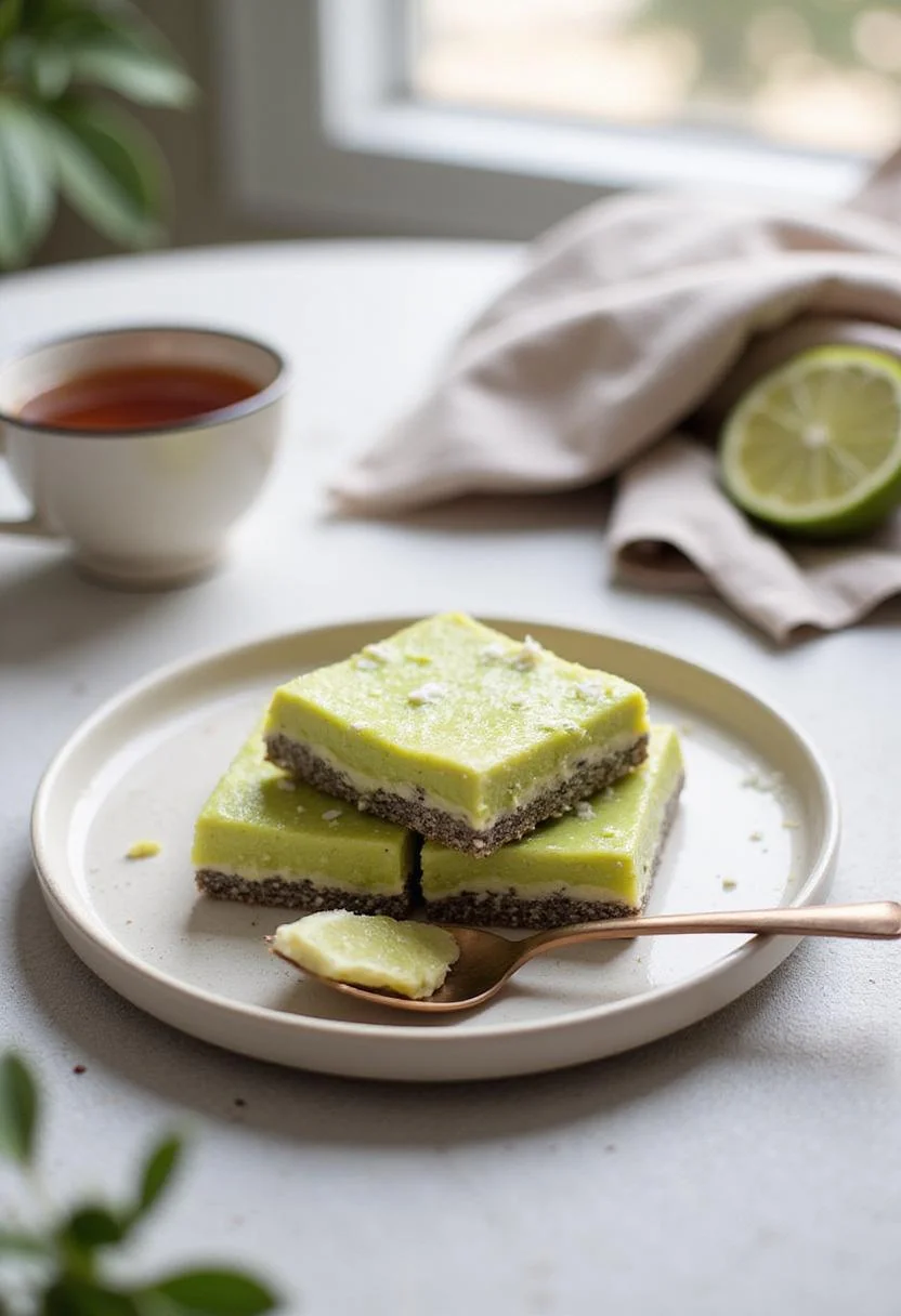 A realistic image of chia pudding bars with coconut and lime, presented on a plate in a cozy home environment with warm lighting, complemented by a cup of tea and a soft cloth for a welcoming scene.