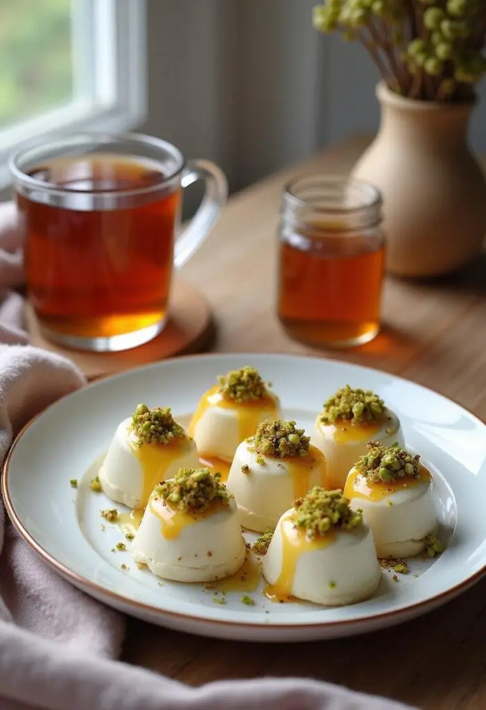 Close-up of ricotta pistachio honey bites arranged on a white plate in a cozy home setting, with crushed pistachios, honey drizzle, tea cup, and a jar of honey for a warm, inviting atmosphere.