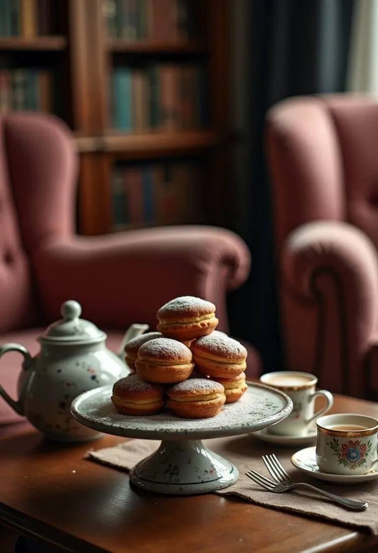 A cozy scene showing Sherlock Holmes Foggy London Tea Cakes on a vintage cake stand with a teapot and cups, in a warm, inviting home setting with comfortable furniture and bookshelves.