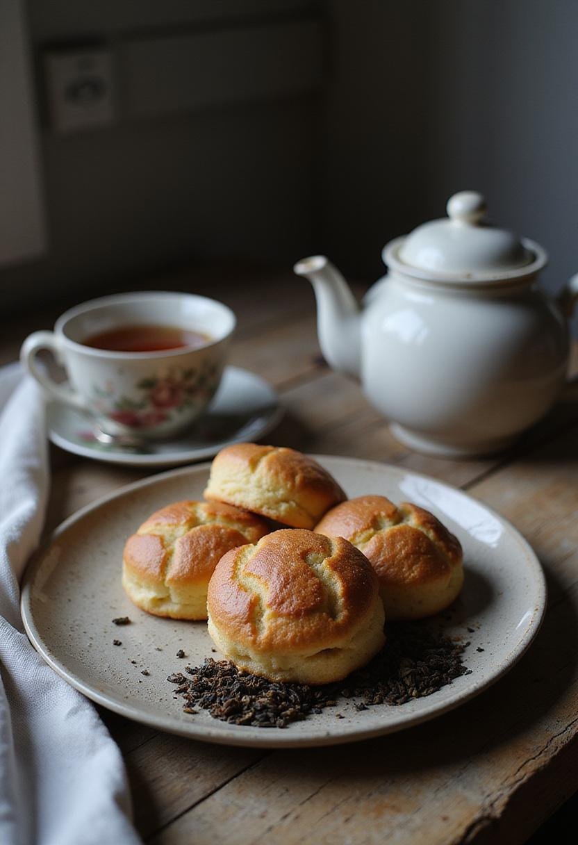 Sherlock Holmes Foggy London Tea Cakes plated on a ceramic dish in a kitchen setting, with a teapot and tea leaves nearby, illuminated by warm kitchen lighting.