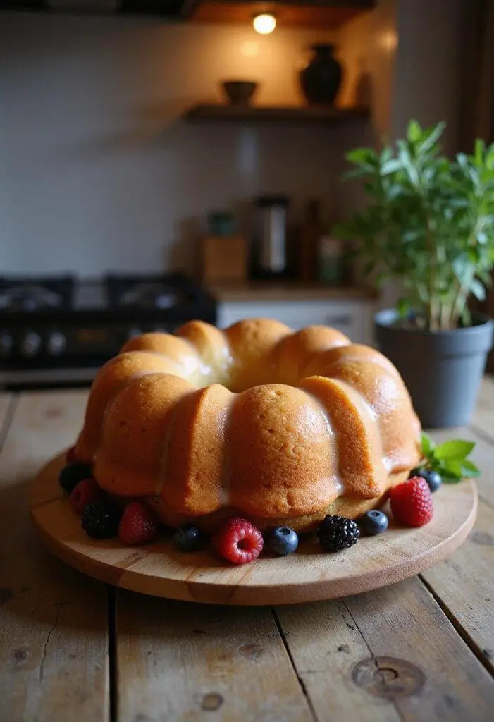 A simple bundt cake with a golden brown crust and glaze, displayed on a wooden table in a cozy home kitchen, decorated with berries and mint, creating an inviting baked dessert scene.