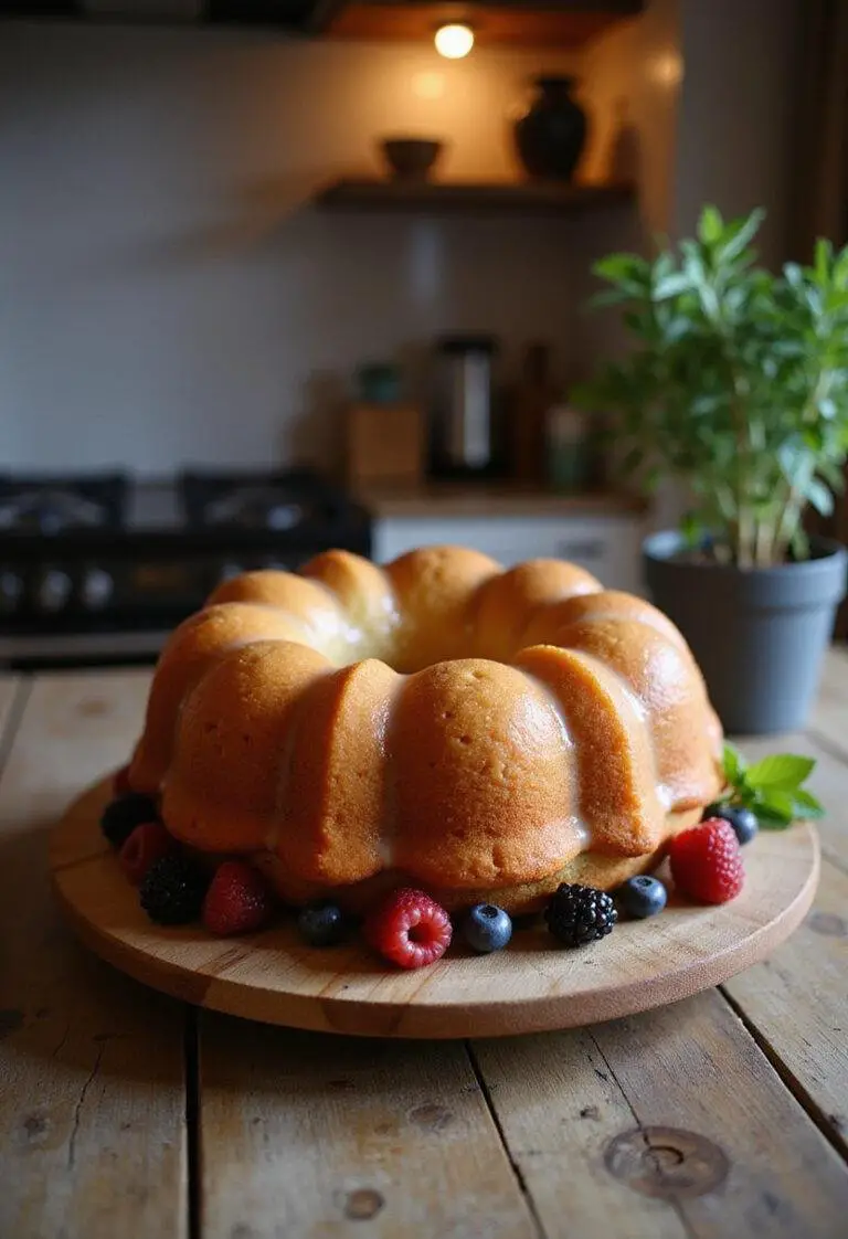 A simple bundt cake with a golden brown crust and glaze, displayed on a wooden table in a cozy home kitchen, decorated with berries and mint, creating an inviting baked dessert scene.
