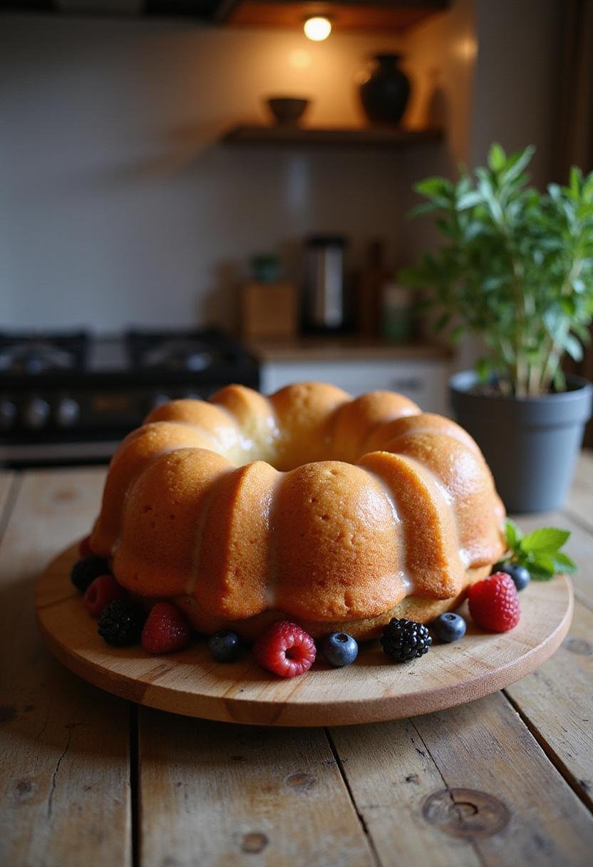 A simple bundt cake with a golden brown crust and glaze, displayed on a wooden table in a cozy home kitchen, decorated with berries and mint, creating an inviting baked dessert scene.