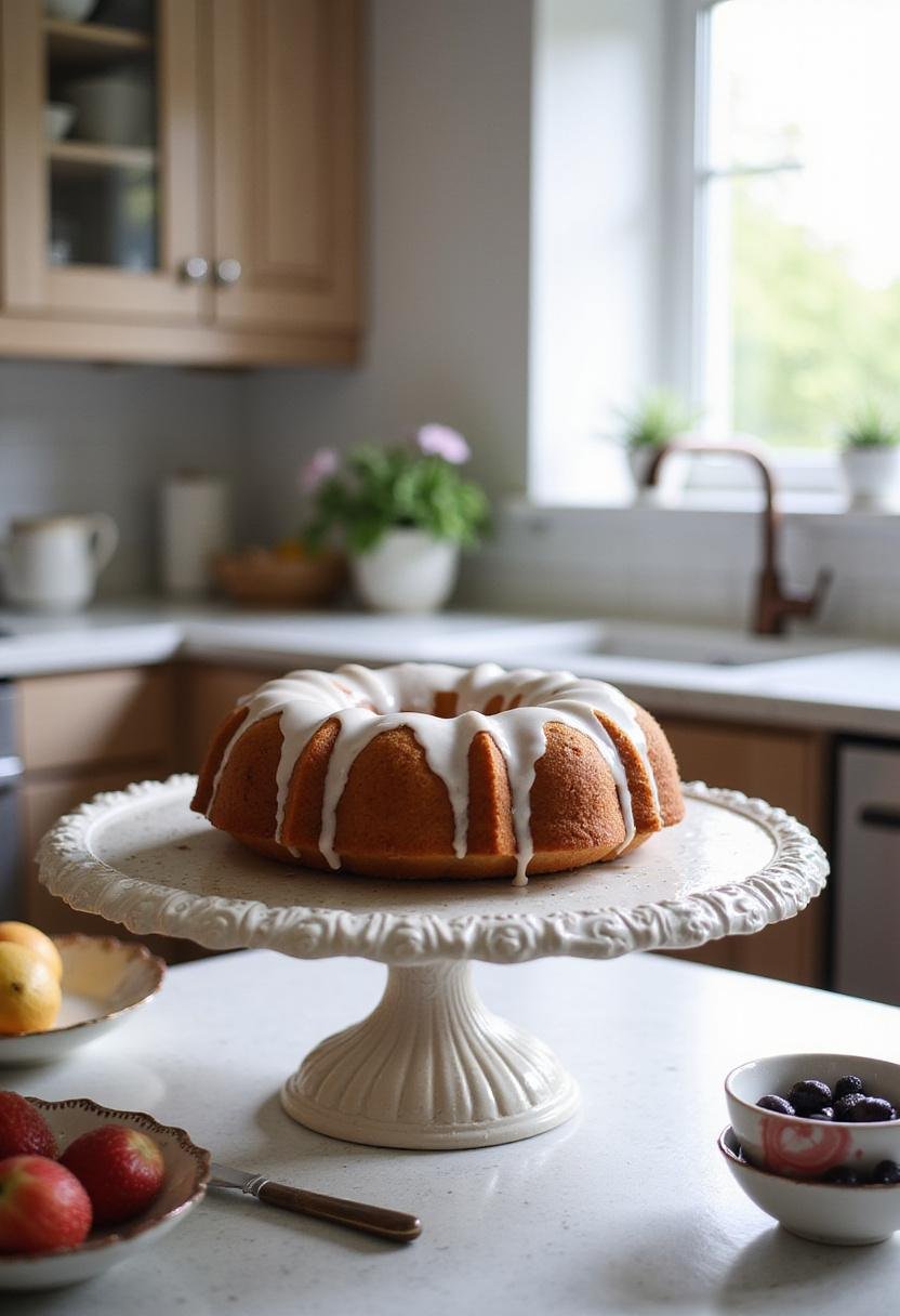 A plain bundt cake with a shiny glaze displayed on a cake stand in a well-lit kitchen, with fresh fruit and kitchen utensils around, creating an inviting baking scene.