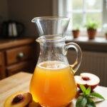 Close-up of a glass pitcher with homemade peach syrup placed on a wooden table in a cozy home kitchen, with fresh sliced peaches and mint leaves for a natural, inviting look.
