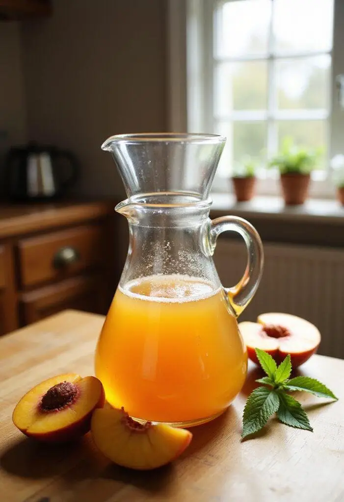 Close-up of a glass pitcher with homemade peach syrup placed on a wooden table in a cozy home kitchen, with fresh sliced peaches and mint leaves for a natural, inviting look.