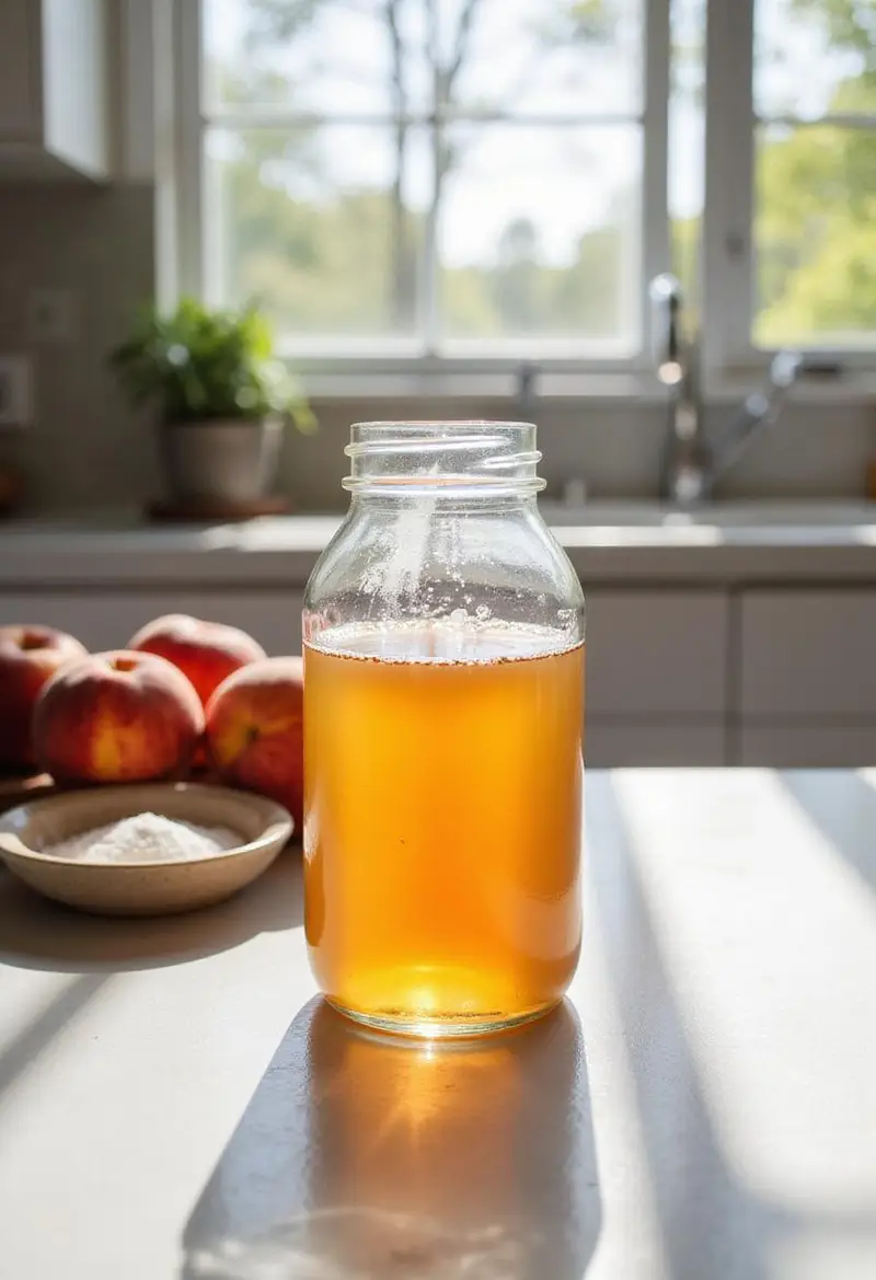 A glass jar of homemade peach syrup on a kitchen countertop, with fresh peaches and sugar nearby, in a bright modern kitchen setting.