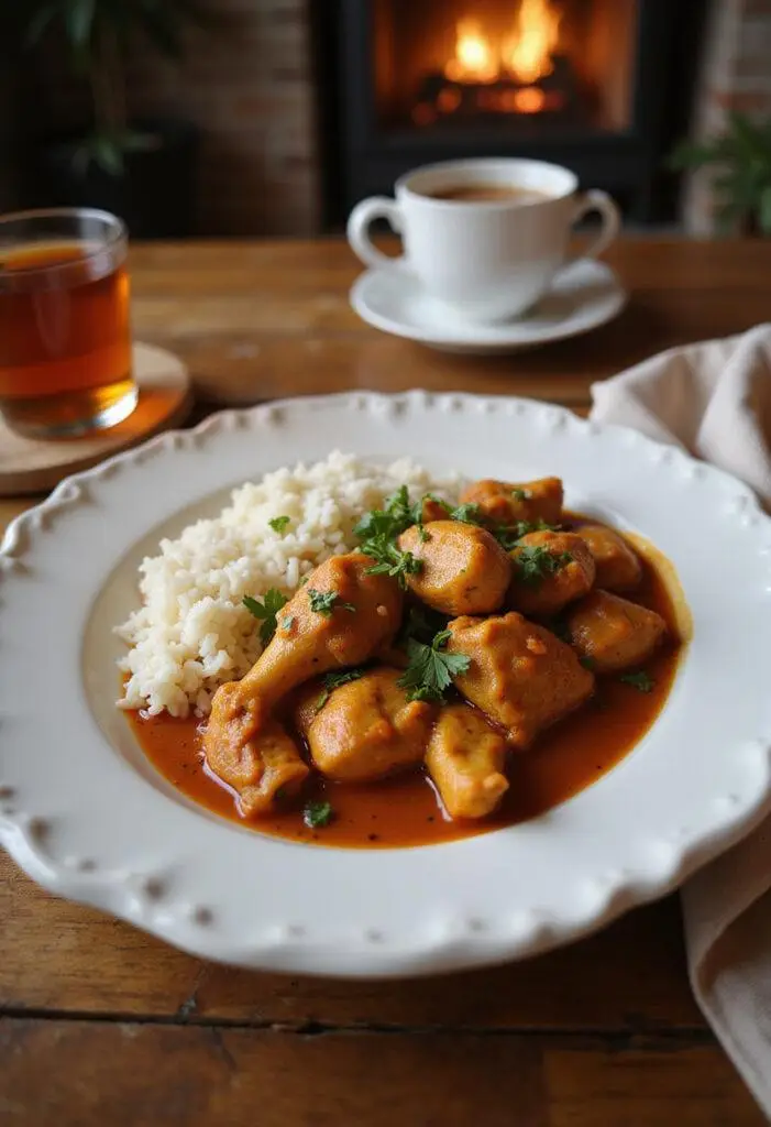 A plate of slow cooker chicken curry with rice, garnished with herbs, showcased on a cozy home dinner table, emphasizing warm lighting and homely decor.