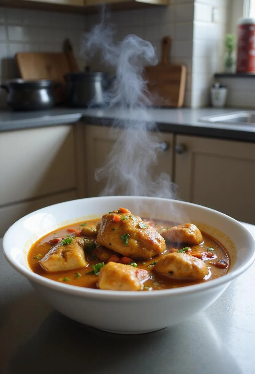 A bowl of slow cooker chicken curry with tender chicken and spices, placed on a kitchen countertop in a modern kitchen setting, ready to serve.
