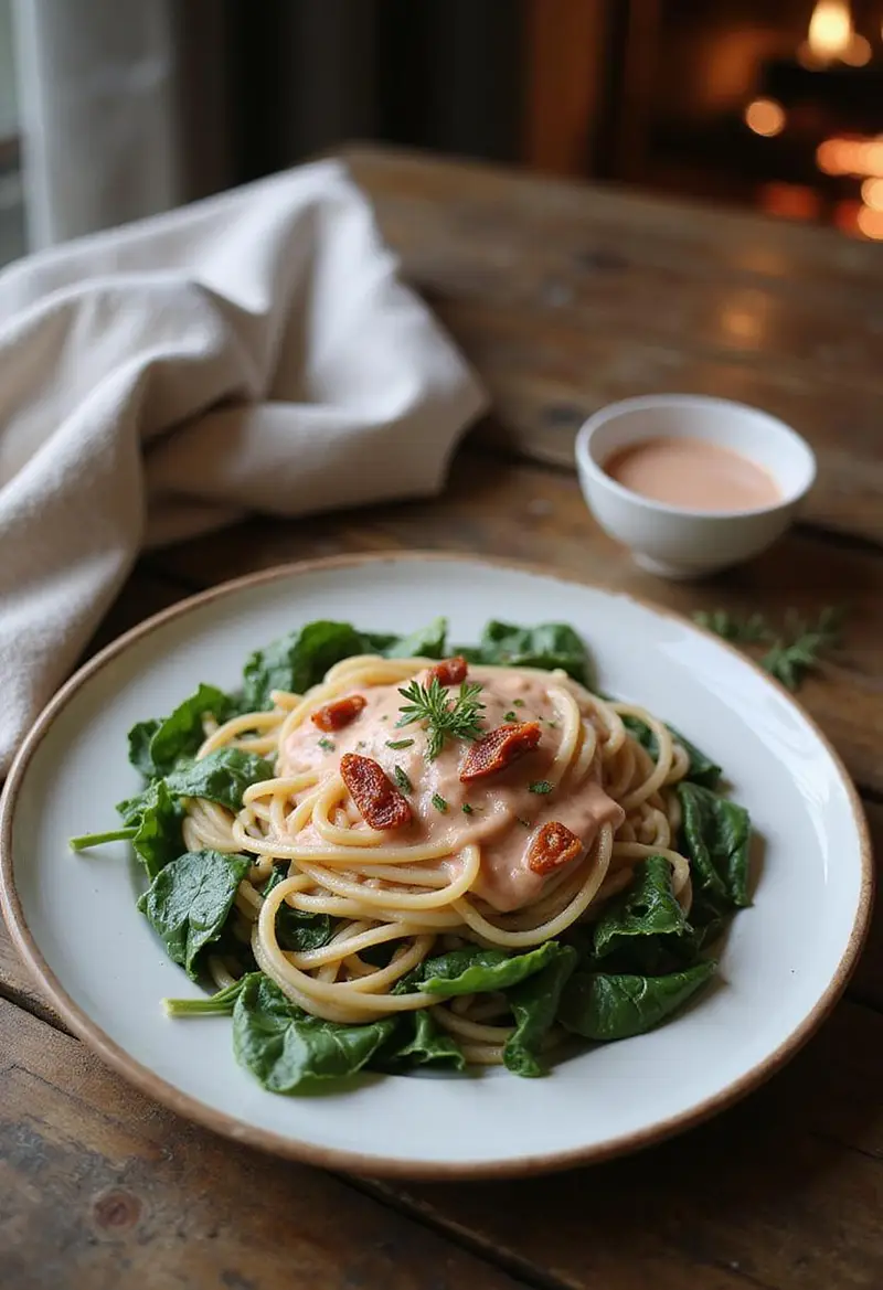 Realistic image of spaghetti and spinach with sun-dried tomato cream sauce plated on a rustic wooden table, with fresh herbs and warm lighting to evoke a cozy home dining setting.
