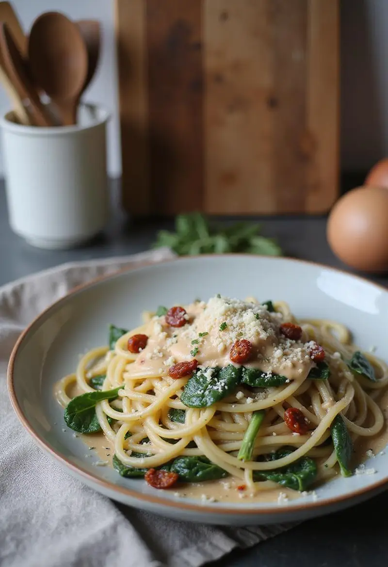 Realistic image of spaghetti and spinach with sun-dried tomato cream sauce on a ceramic plate in a kitchen setting, with kitchen utensils and a wooden cutting board in the background.