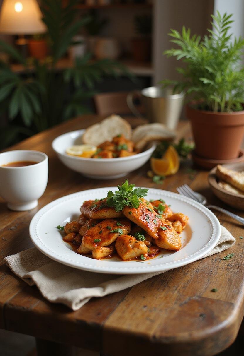 Spicy Brazilian Coconut Chicken plated and garnished with herbs in a cozy home setting, served on a white dish with wooden table background and warm lighting.