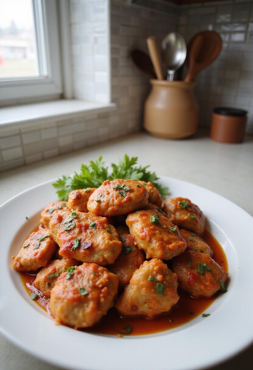 Spicy Brazilian Coconut Chicken plated in a kitchen setting with countertop, backsplash, and utensils, showcasing a realistic cooking environment.