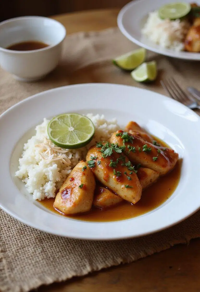 Close-up of spicy maple chicken with coconut rice on a cozy kitchen table, showing the glossy glaze on the chicken, fresh herbs, and the fluffy rice garnished with shredded coconut, creating an inviting home-cooked meal scene.