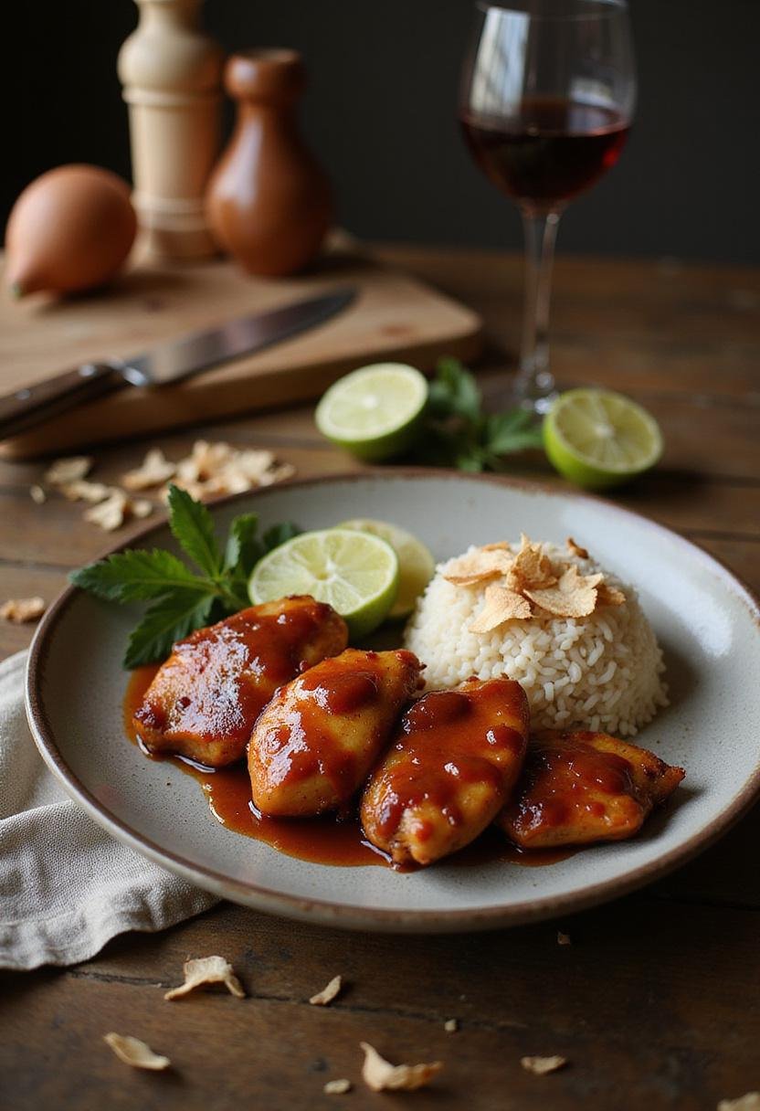 Photograph of spicy maple chicken with coconut rice presented on a rustic wooden table in a cozy kitchen, showcasing the glazed chicken, toasted coconut, and fresh lime, conveying a warm homemade meal ambiance.