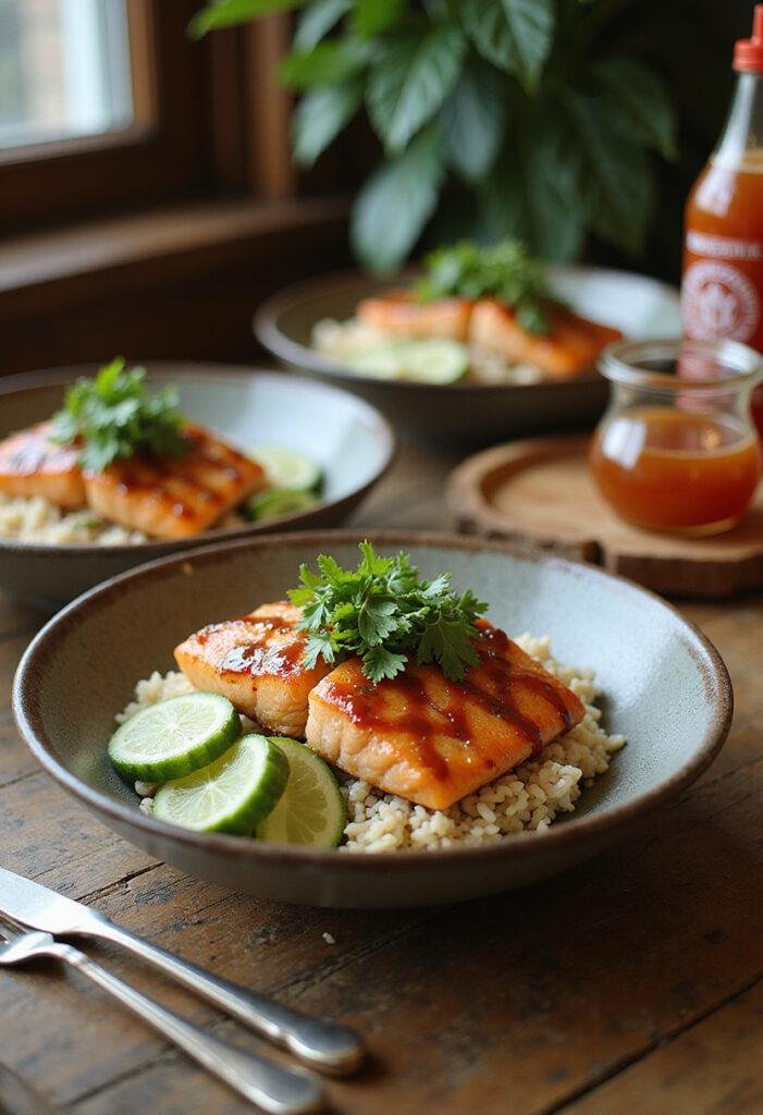 Close-up of Sriracha Honey Salmon Bowls served on a wooden table in a cozy home, showing glazed salmon over rice with cilantro, cucumber slices, and Sriracha honey sauce, all in a warm and inviting setting.