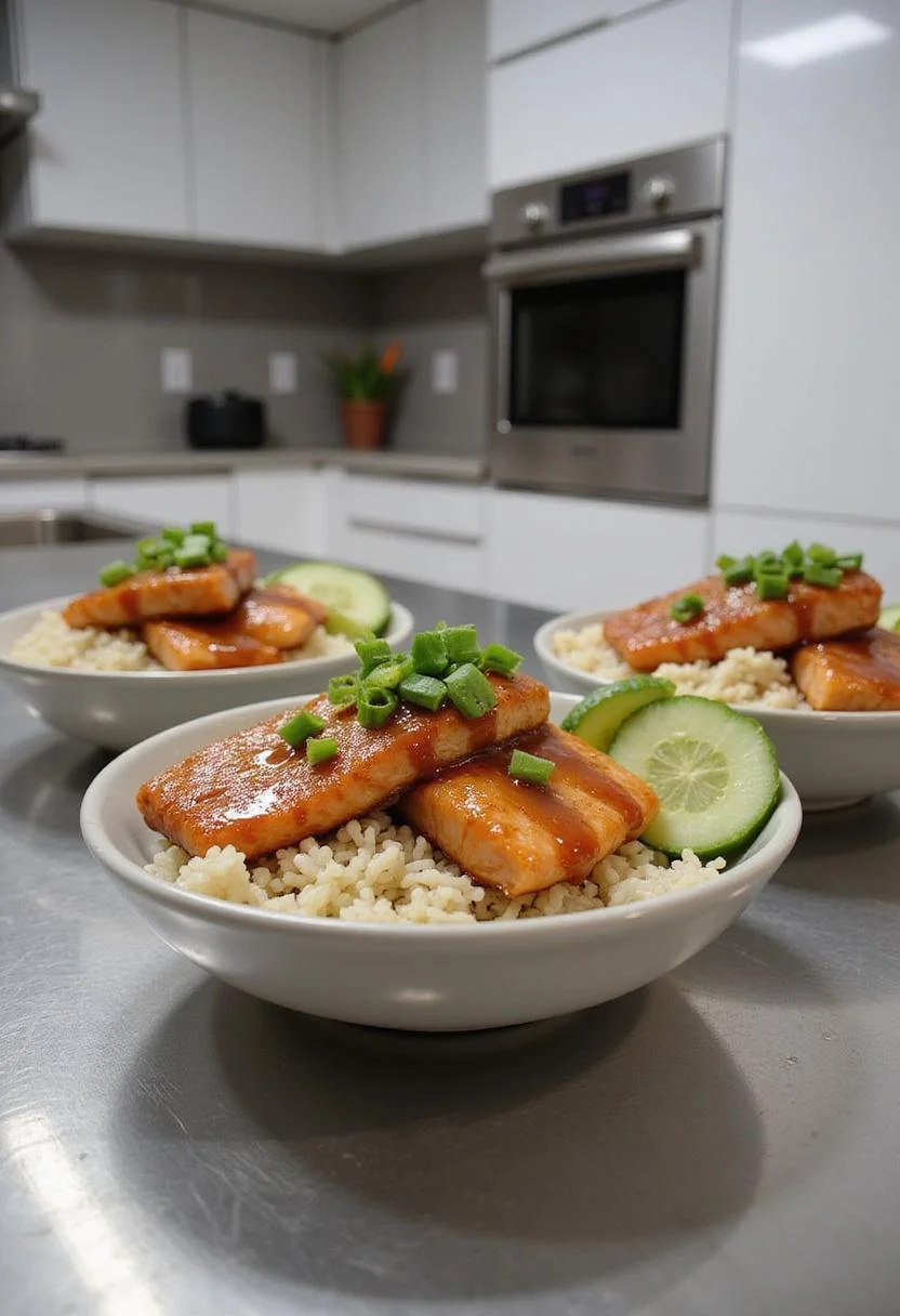 Sriracha Honey Salmon Bowls presented in a modern kitchen, highlighting glazed salmon on rice with green onions, cucumbers, and Sriracha honey sauce, styled on a clean countertop with bright lighting.