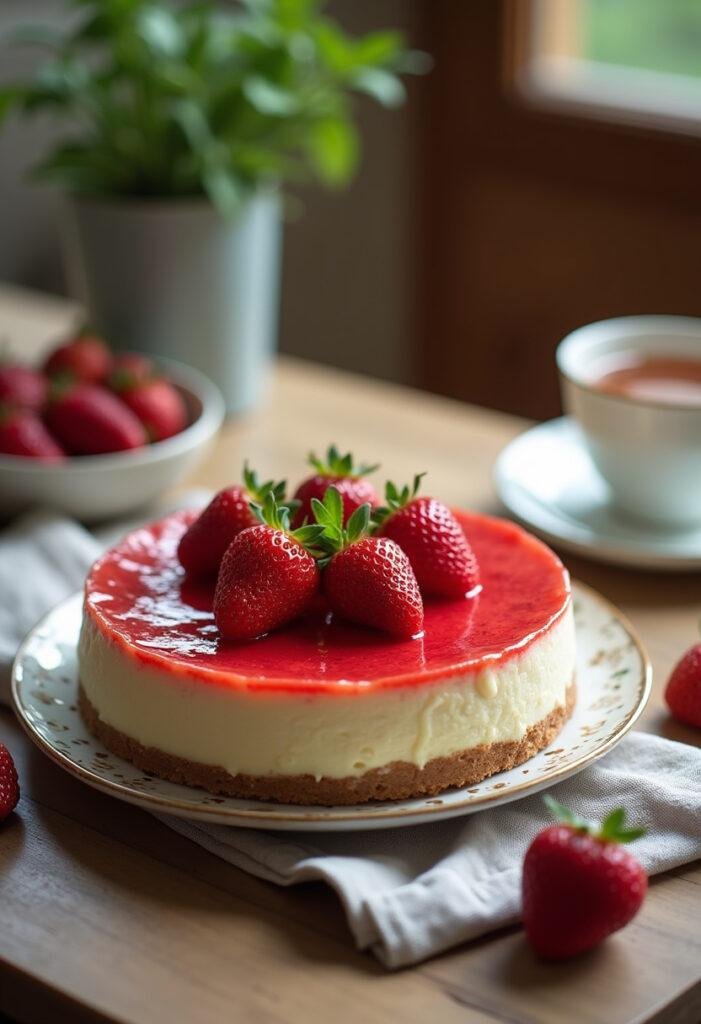 A freshly made strawberry cheesecake displayed on a ceramic plate in a cozy home setting, garnished with fresh strawberries and mint, with warm natural lighting and a wooden table background.
