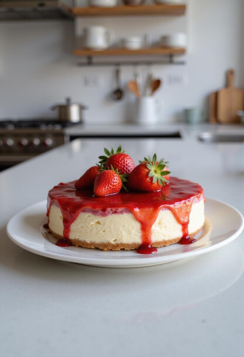 A strawberry cheesecake on a white plate in a modern kitchen setting, topped with fresh strawberries and strawberry sauce, with kitchen shelves and utensils visible in the background, brightly lit.