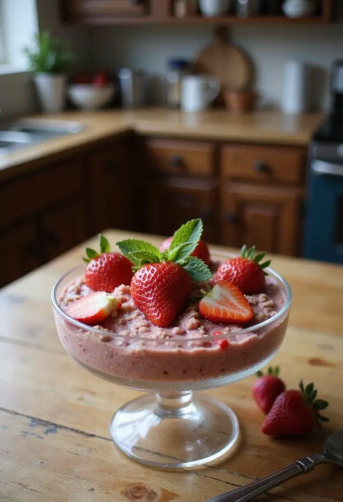 A cozy home setting with a glass bowl of strawberry crumble chia pudding topped with strawberries and mint, served on a warm table with natural light illuminating the colorful and inviting dish.