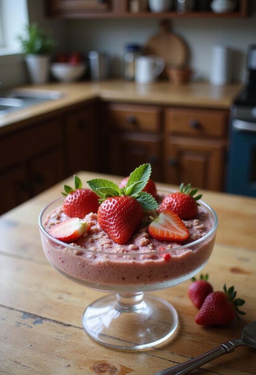 A cozy home setting with a glass bowl of strawberry crumble chia pudding topped with strawberries and mint, served on a warm table with natural light illuminating the colorful and inviting dish.