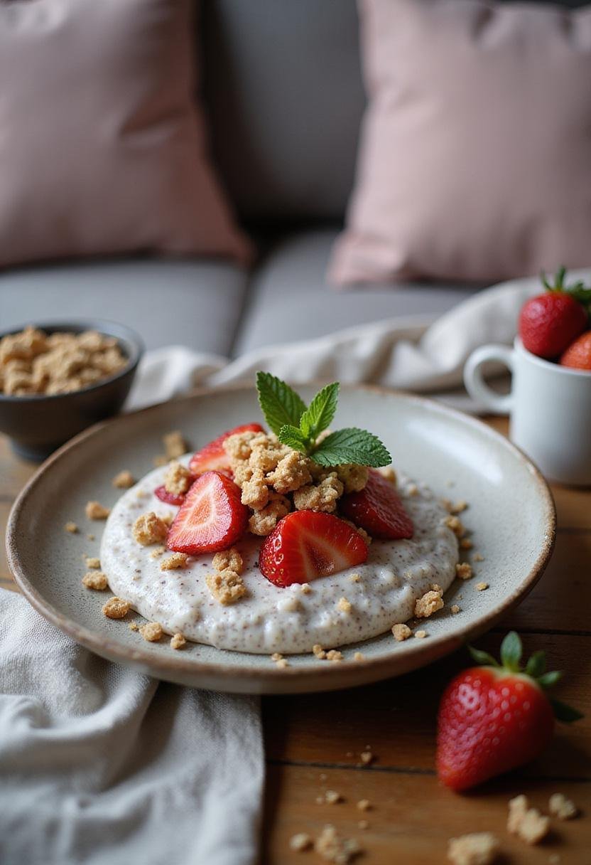 A cozy home scene showing a plate of strawberry crumble chia pudding topped with strawberries and crumble, presented on a comfortable table with soft pillows and warm lighting.
