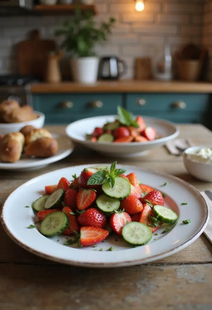 Realistic image of a strawberry cucumber salad served on a white plate, with fresh strawberries, sliced cucumbers, and mint, styled in a cozy home kitchen setting with warm lighting and homey background.