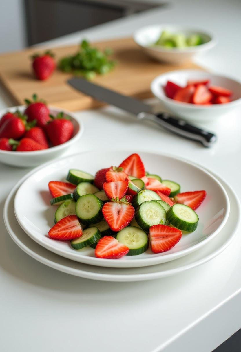 Realistic image of a strawberry cucumber salad on a white plate in a kitchen setting, with ingredients like strawberries and cucumbers nearby, showcasing a professional and organized kitchen space.
