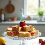 Strawberry lemon blondies displayed on a glass cake stand in a bright, modern kitchen with natural light, fresh strawberries, and lemon slices adding a colorful touch to the presentation.