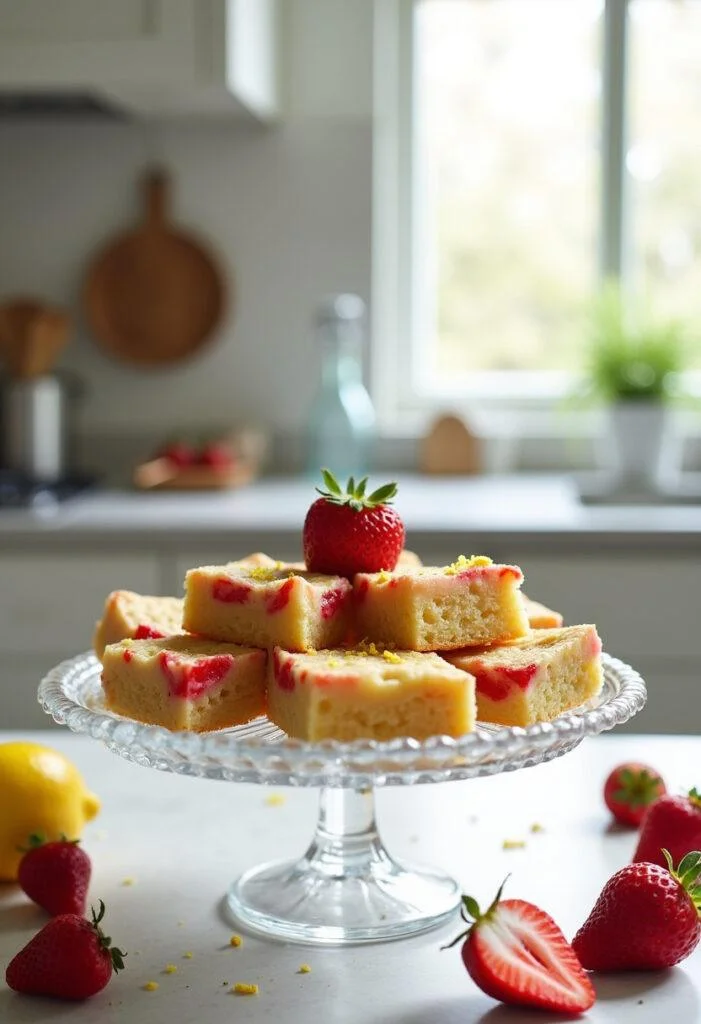 Strawberry lemon blondies displayed on a glass cake stand in a bright, modern kitchen with natural light, fresh strawberries, and lemon slices adding a colorful touch to the presentation.
