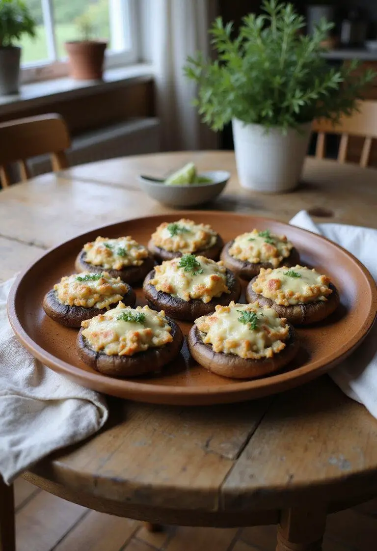 Realistic image of stuffed portobello mushrooms on a wooden plate, presented in a cozy home kitchen with natural light, herbs, and a rustic setting, highlighting the delicious dish.