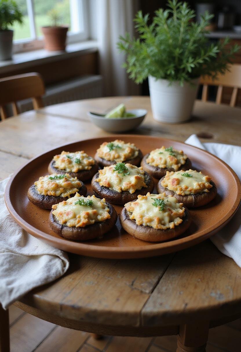 Realistic image of stuffed portobello mushrooms on a wooden plate, presented in a cozy home kitchen with natural light, herbs, and a rustic setting, highlighting the delicious dish.